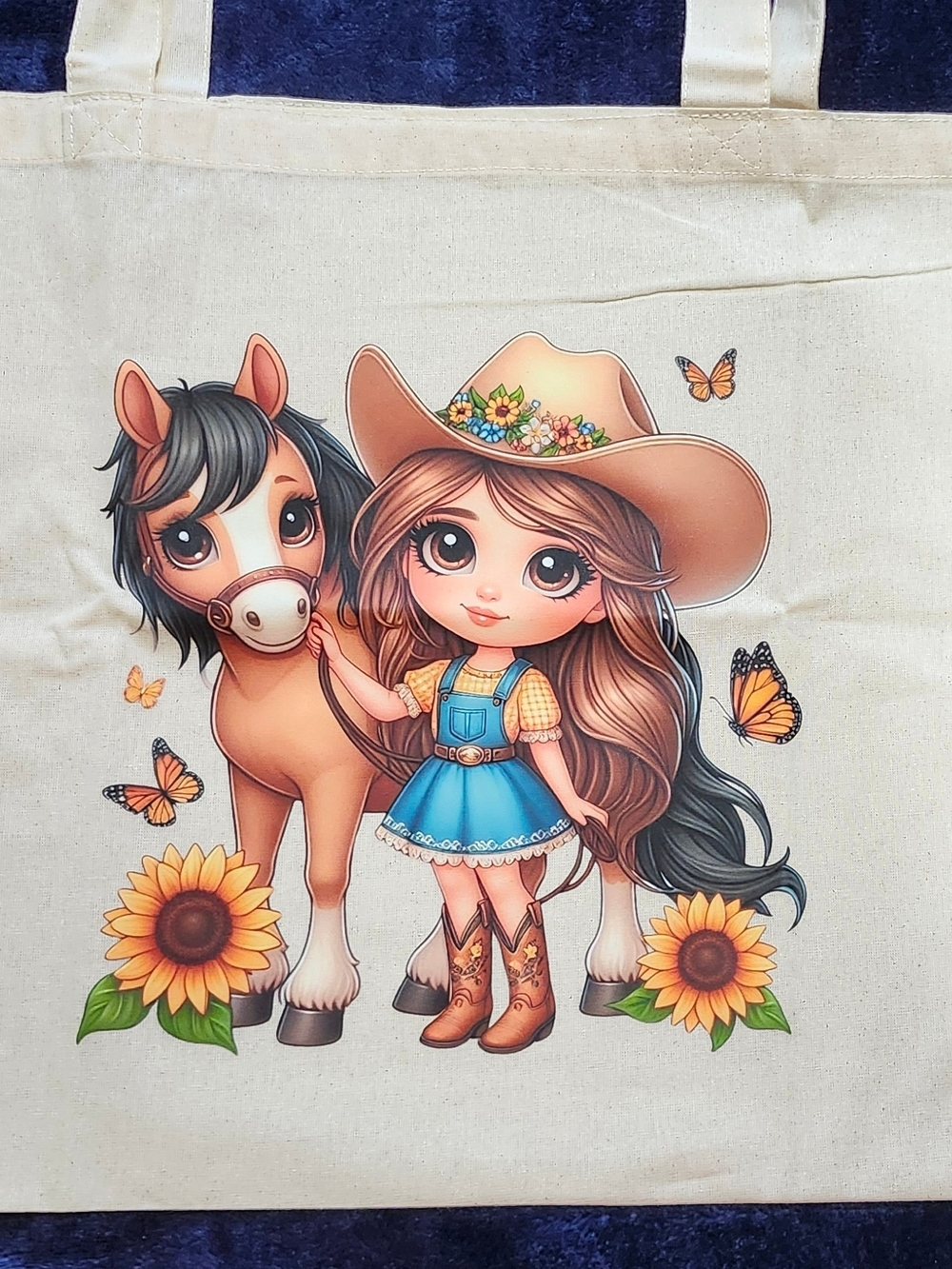 Cute Cowgirl and Pony Kids Tote Bag – Blue Dress Design